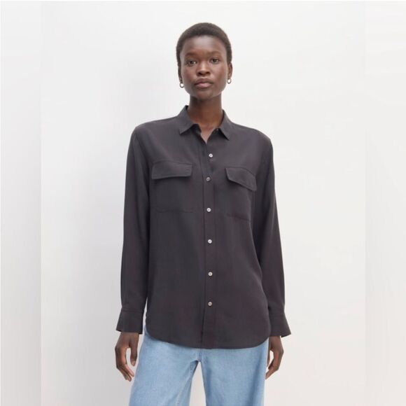 Everlane The Washable Clean Silk Two-Pocket Relaxed Shirt Black Size 0 NWOT - Picture 1 of 7